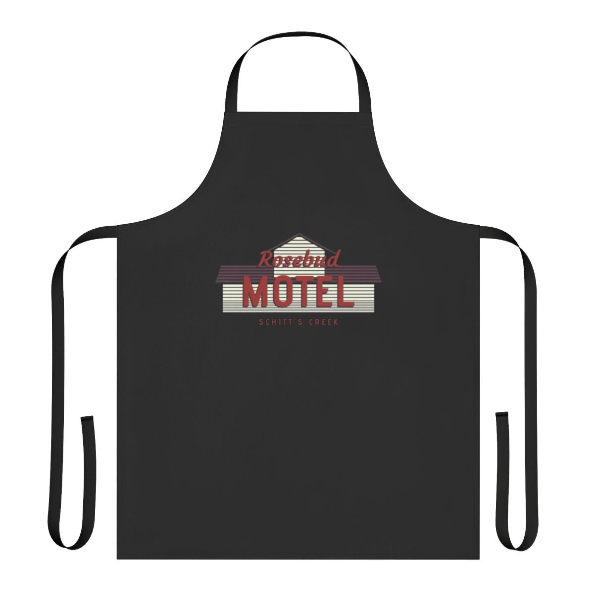 Stylized line art illustration of the Rosebud Motel from the TV show Schitt's Creek, featured on a high-quality apron.