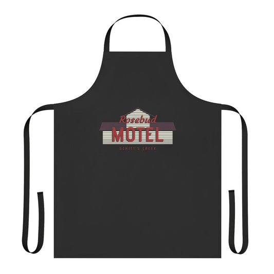 Stylized line art illustration of the Rosebud Motel from the TV show Schitt's Creek, featured on a high-quality apron.