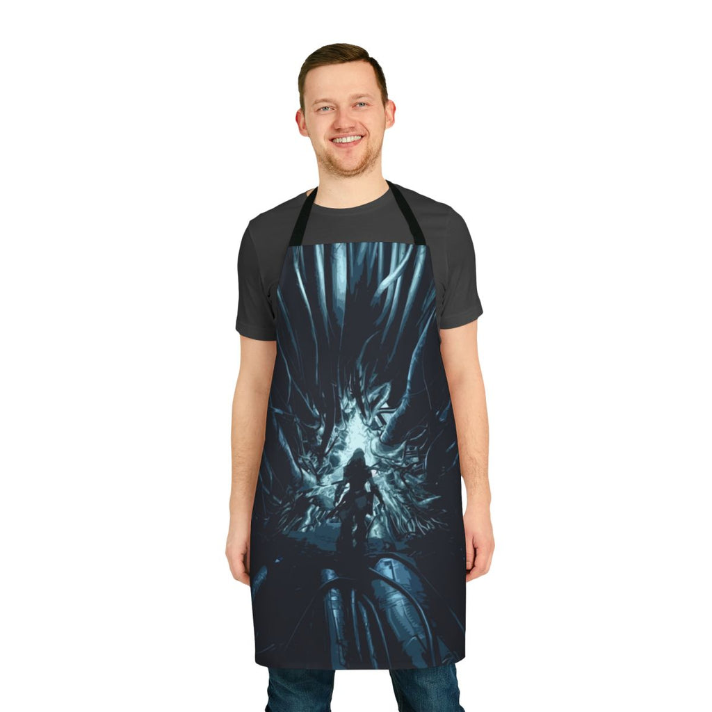 Stylized sci-fi cauldron-shaped apron inspired by the video game Horizon Zero Dawn