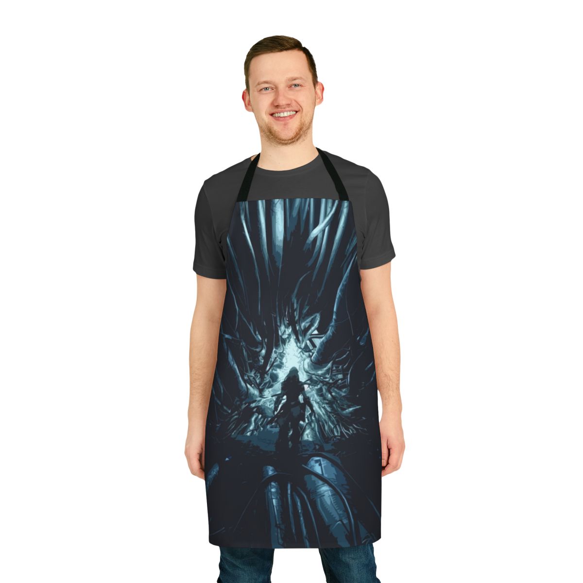 Stylized sci-fi cauldron-shaped apron inspired by the video game Horizon Zero Dawn