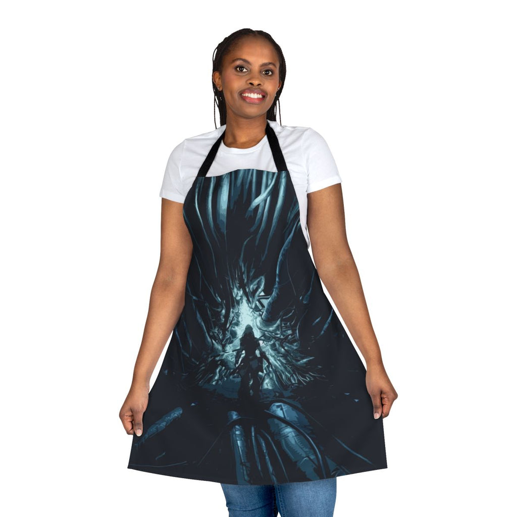 Stylized sci-fi cauldron-shaped apron inspired by the video game Horizon Zero Dawn