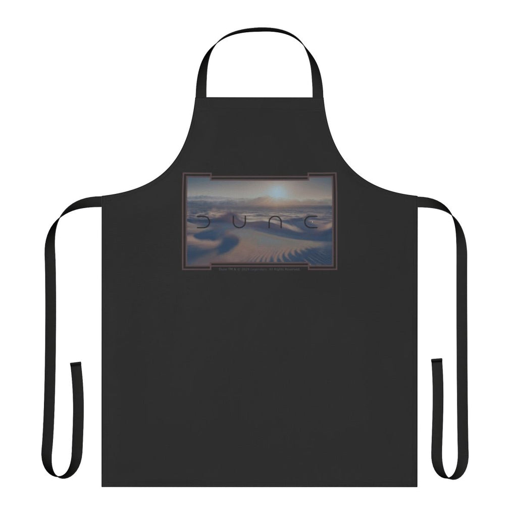 Black apron with a cinematic desert landscape design, inspired by the movie Dune.