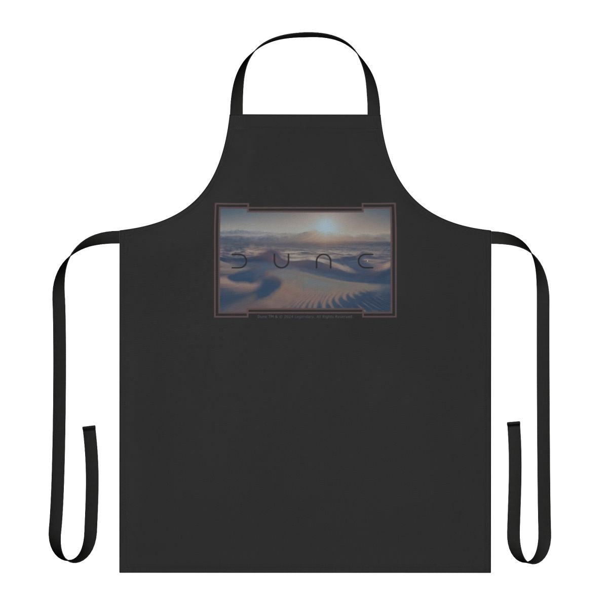 Black apron with a cinematic desert landscape design, inspired by the movie Dune.