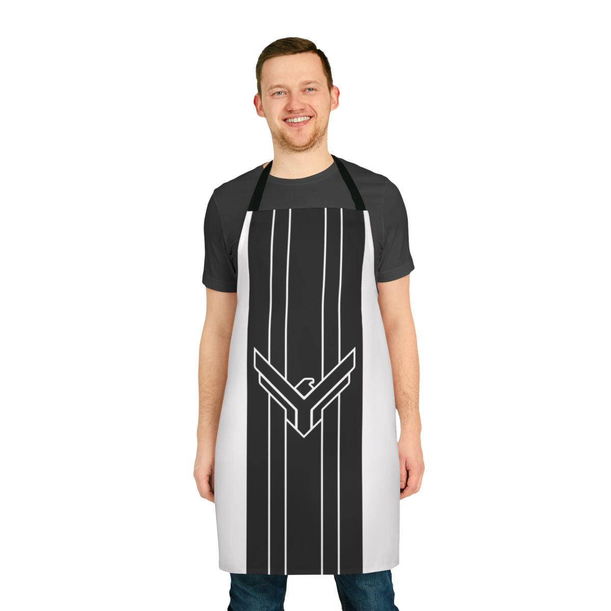 Dune-inspired black and white striped apron with Atreides house banner design