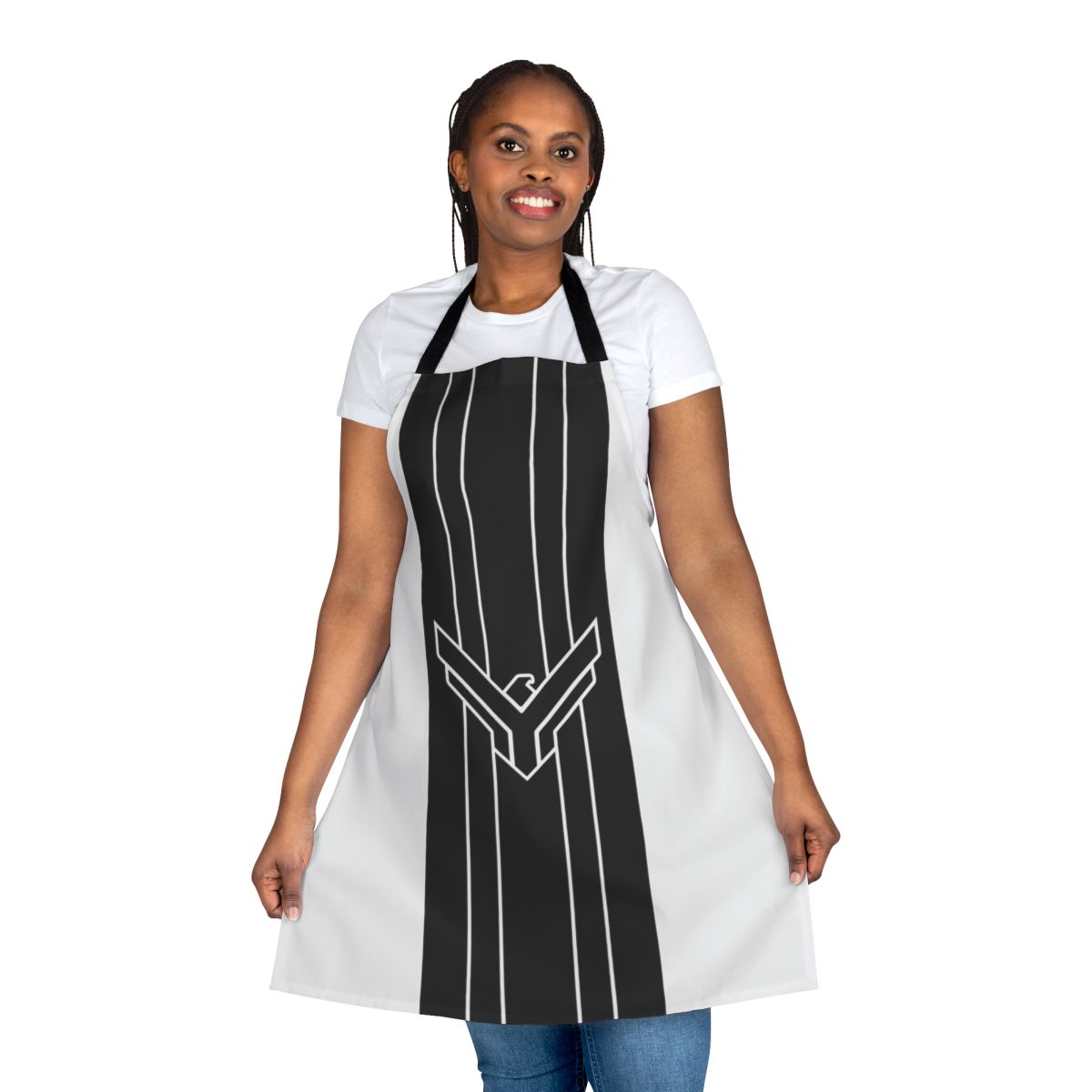 Dune-inspired black and white striped apron with Atreides house banner design