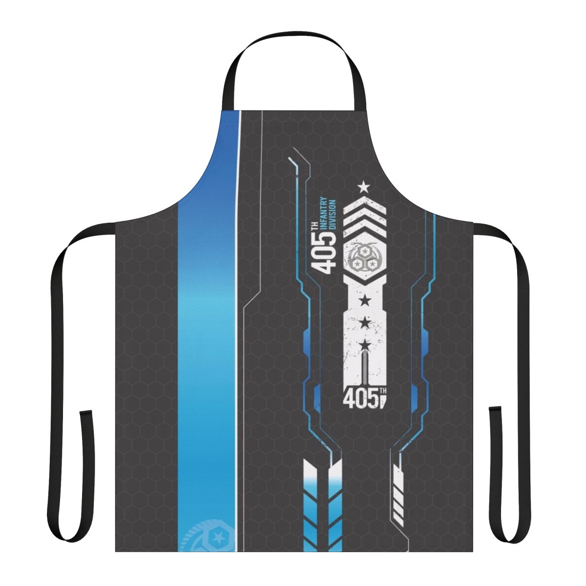 A sci-fi inspired apron featuring the 405th military regiment insignia and Halo Master Chief armor design.