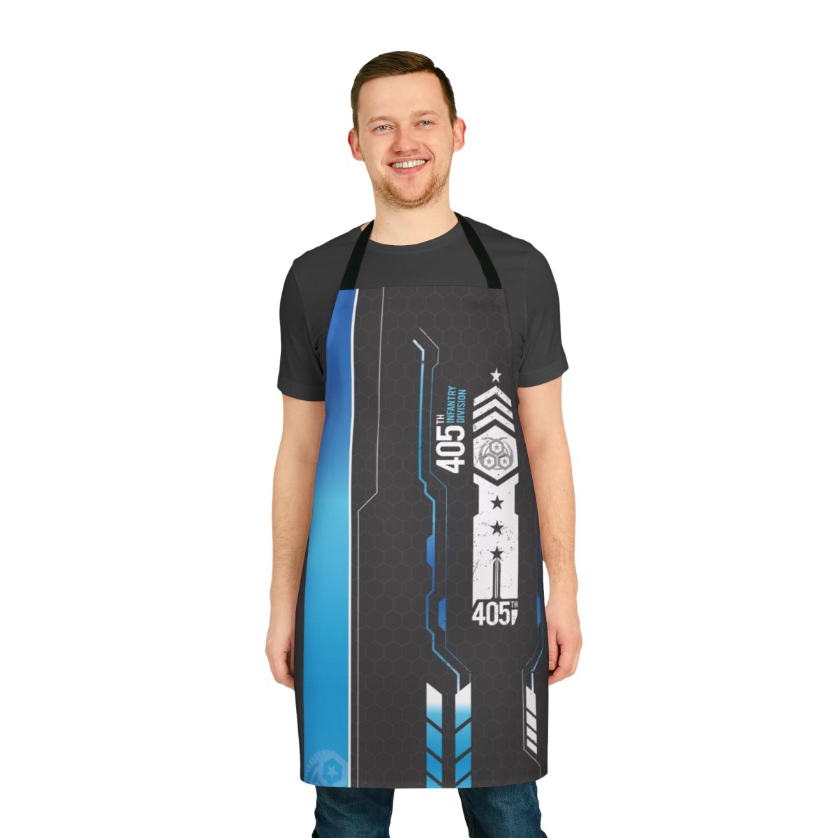 A sci-fi inspired apron featuring the 405th military regiment insignia and Halo Master Chief armor design.