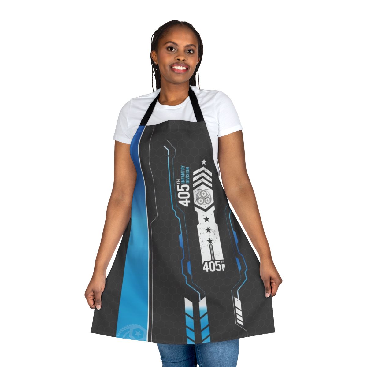 A sci-fi inspired apron featuring the 405th military regiment insignia and Halo Master Chief armor design.