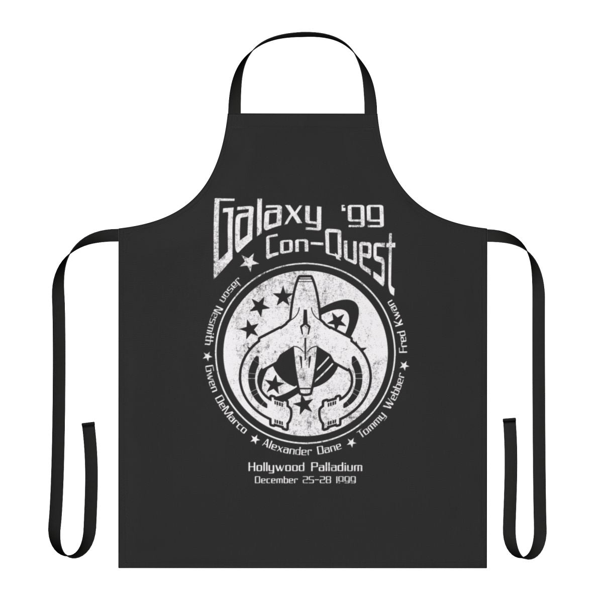 Sci-fi inspired apron with "Never Give Up" wristband design for fans of space adventures and conventions