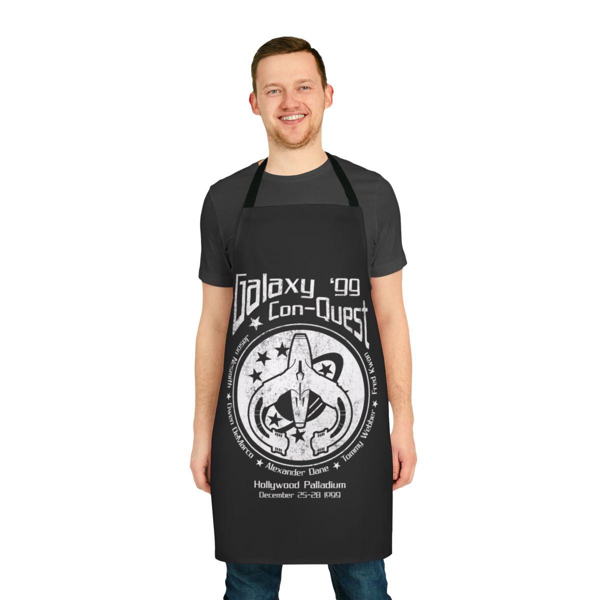 Sci-fi inspired apron with "Never Give Up" wristband design for fans of space adventures and conventions