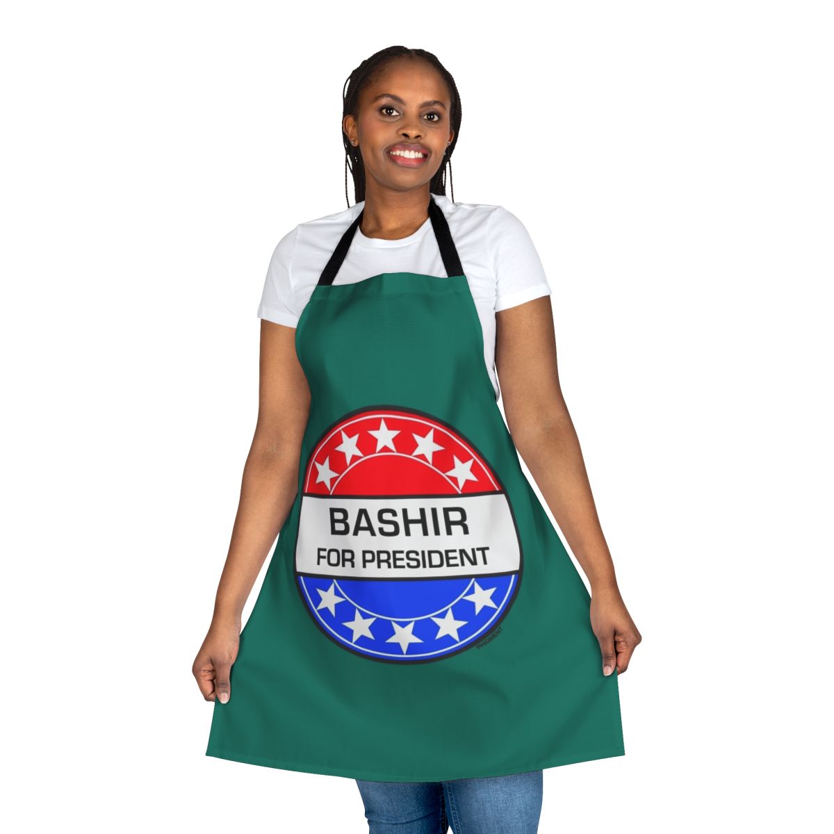 Bashir For President sci-fi themed apron with pop art design