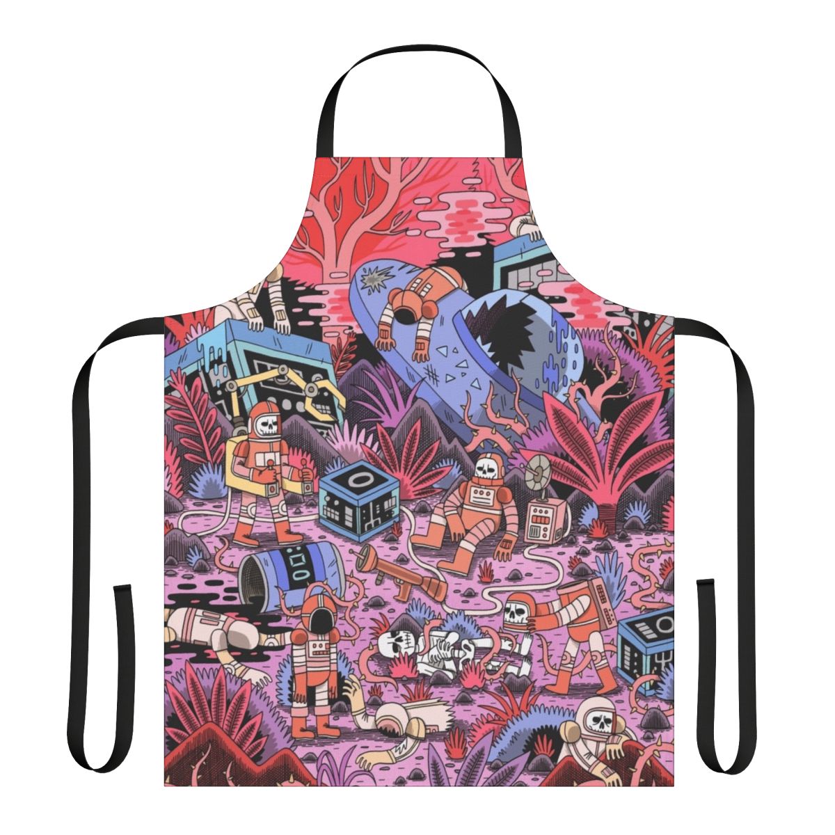 Chaotic space-themed apron featuring an astronaut, spacecraft, and cosmic elements