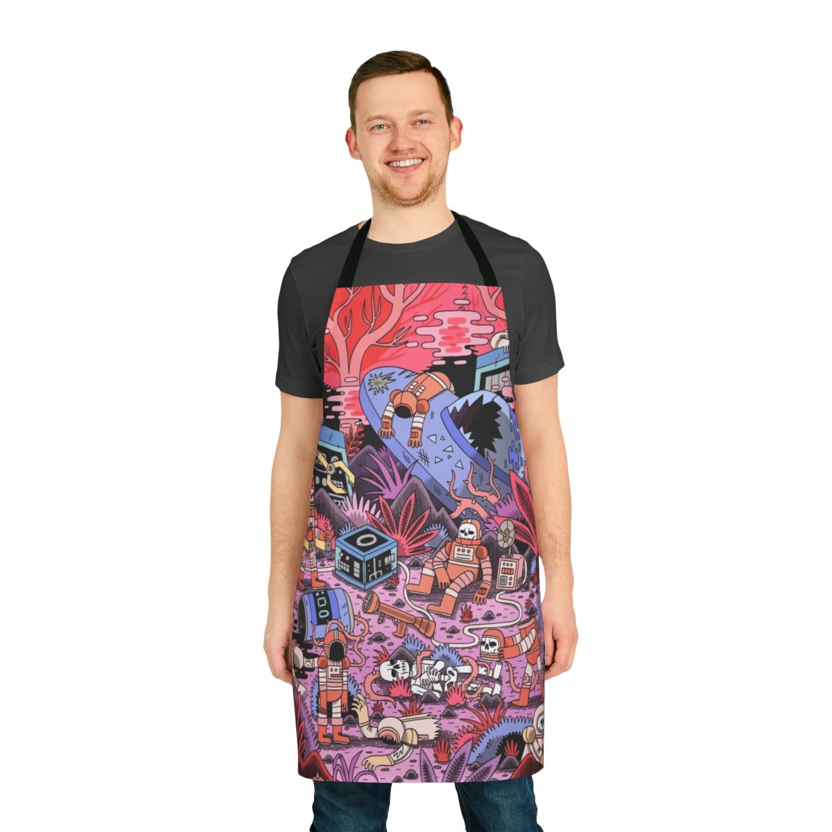 Chaotic space-themed apron featuring an astronaut, spacecraft, and cosmic elements