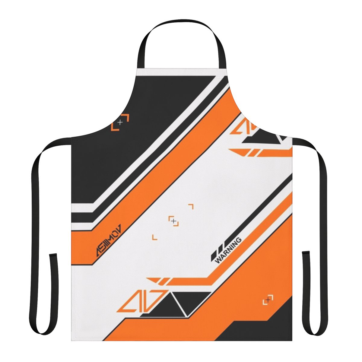 An orange and black patterned kitchen apron inspired by the Counter Strike: Global Offensive "Asiimov" weapon skin.