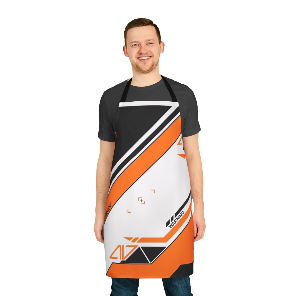 An orange and black patterned kitchen apron inspired by the Counter Strike: Global Offensive "Asiimov" weapon skin.