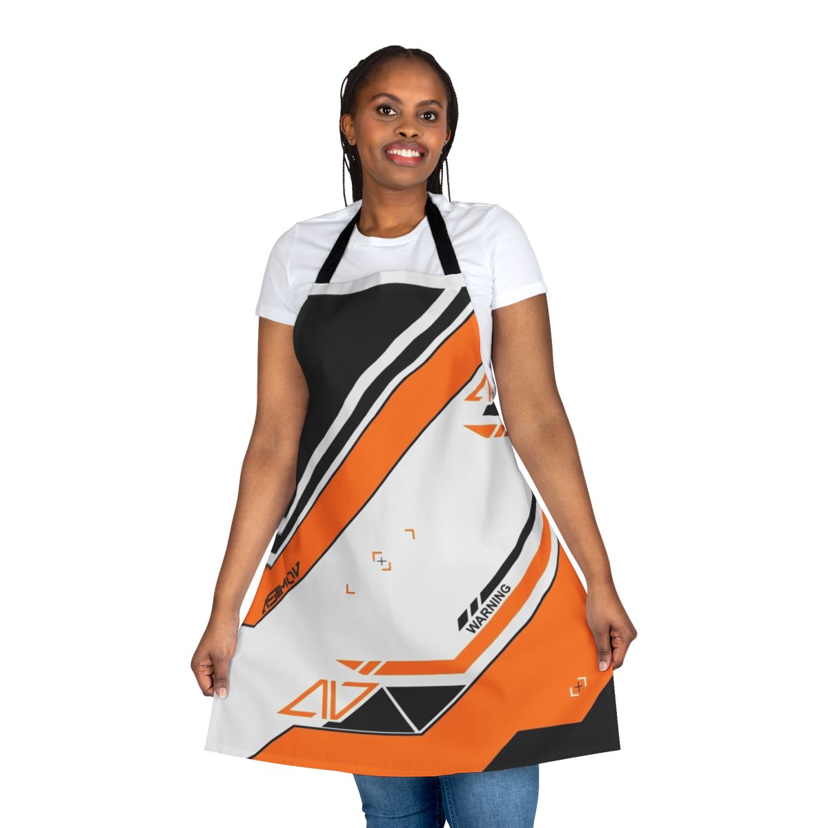 An orange and black patterned kitchen apron inspired by the Counter Strike: Global Offensive "Asiimov" weapon skin.