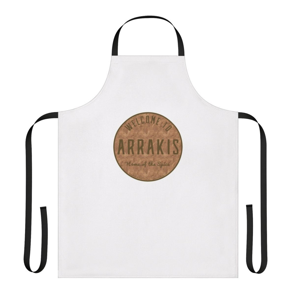 A round dark pattern apron inspired by the sci-fi classic Dune, featuring the planet Arrakis and the House Atreides logo.