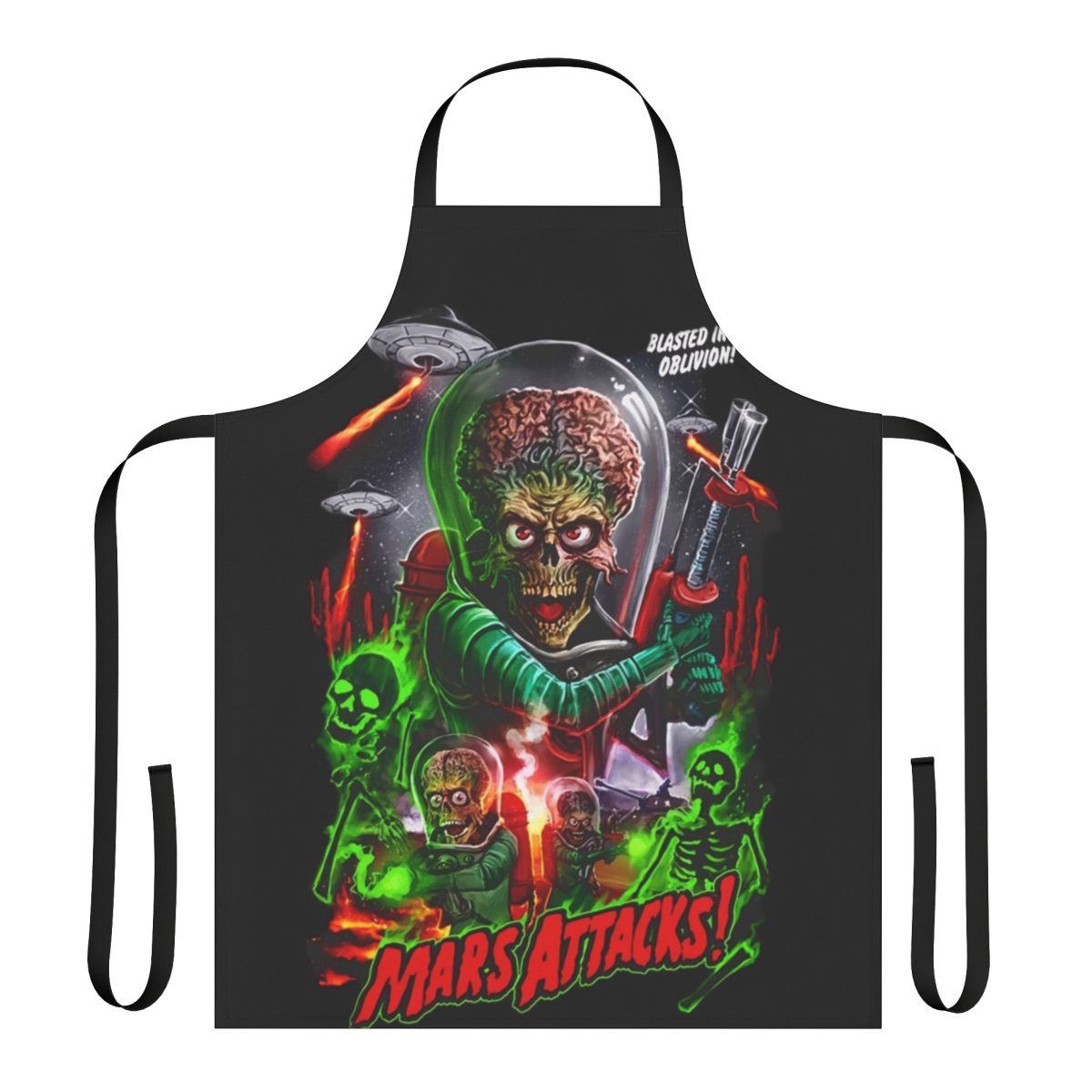 A stylish sci-fi inspired kitchen apron featuring the iconic aliens from the classic film "Mars Attacks".