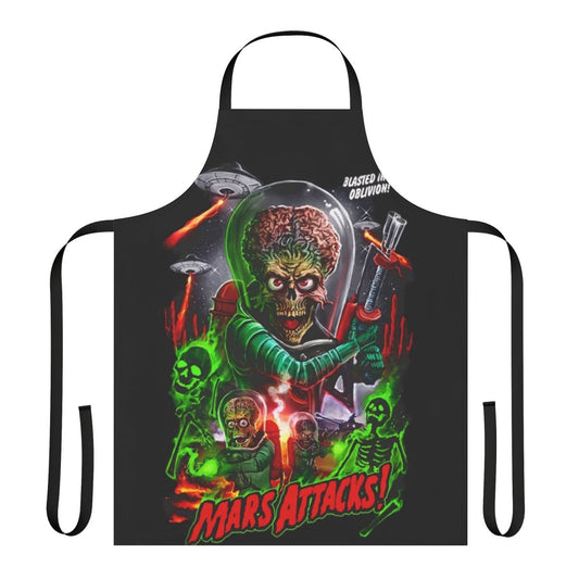 A stylish sci-fi inspired kitchen apron featuring the iconic aliens from the classic film "Mars Attacks".