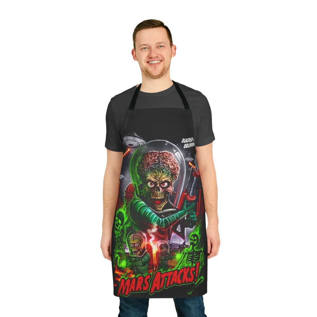 A stylish sci-fi inspired kitchen apron featuring the iconic aliens from the classic film "Mars Attacks".