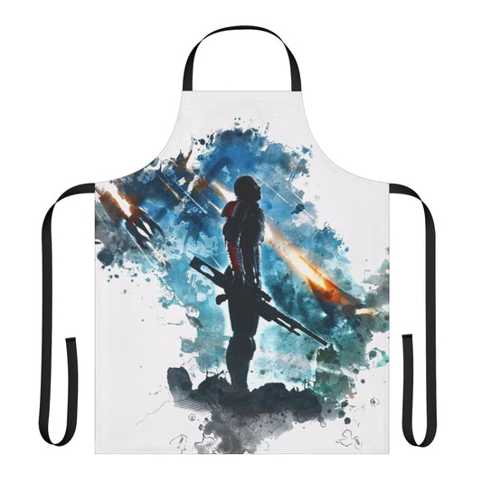 Mass Effect-inspired apron with sci-fi video game graphics