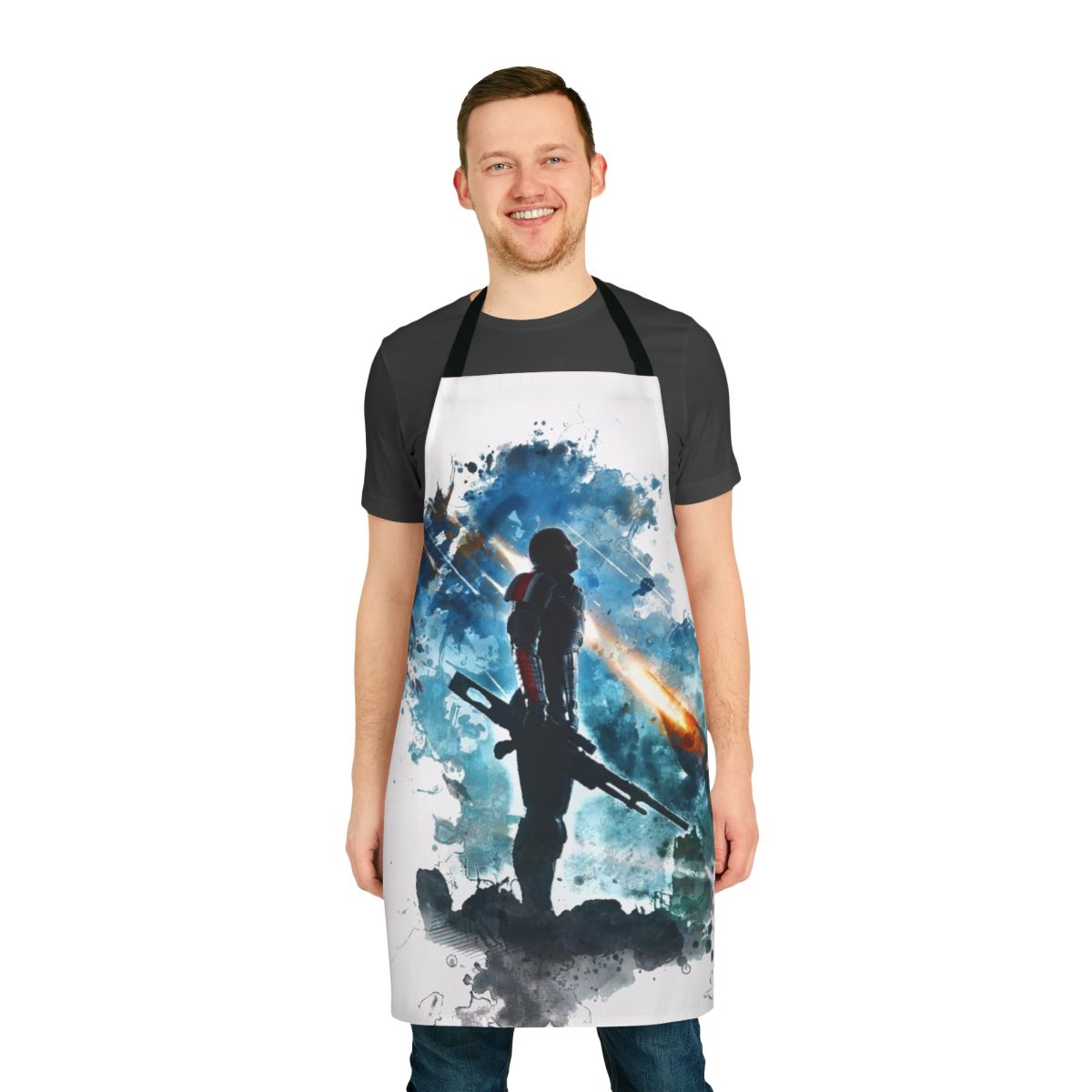 Mass Effect-inspired apron with sci-fi video game graphics