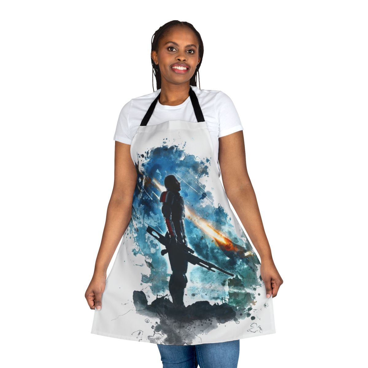 Mass Effect-inspired apron with sci-fi video game graphics
