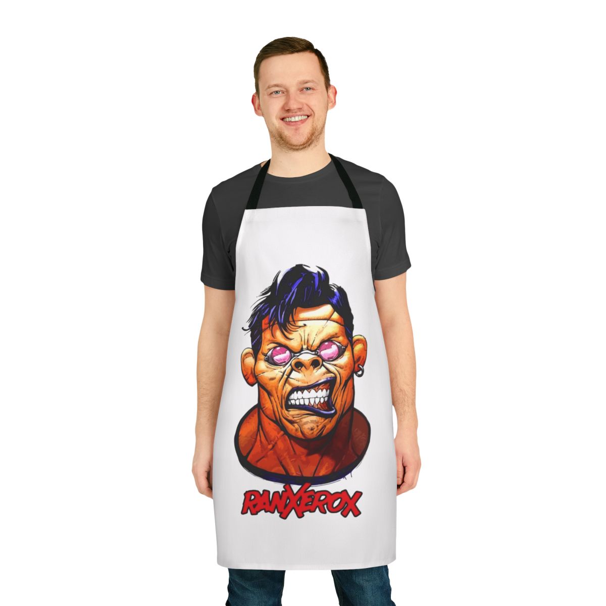 Ranxerox-inspired graphic head design on a high-quality kitchen apron
