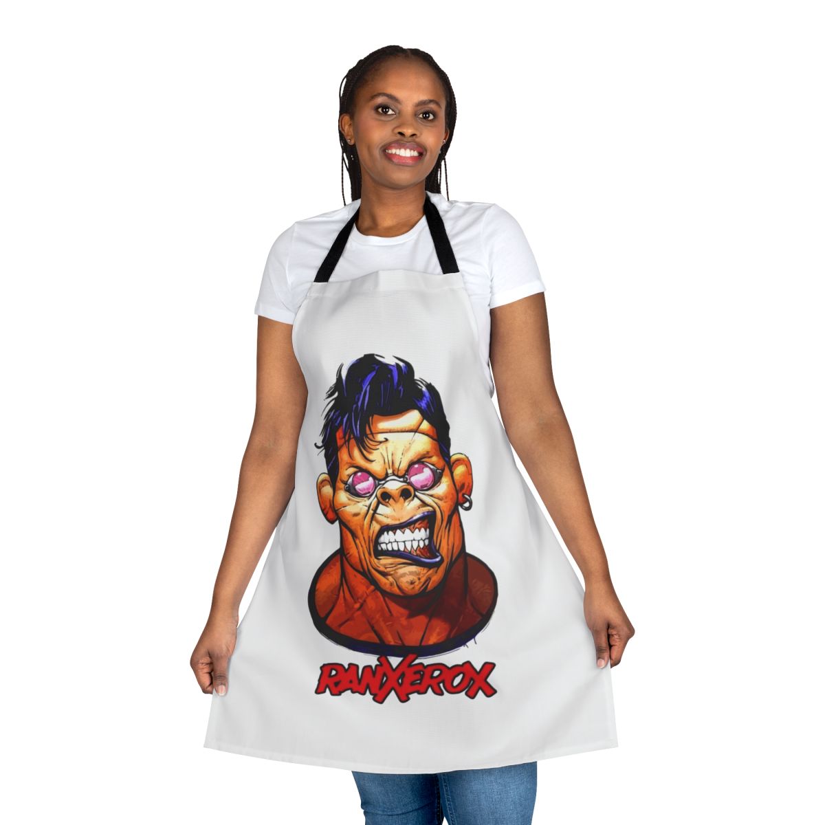 Ranxerox-inspired graphic head design on a high-quality kitchen apron