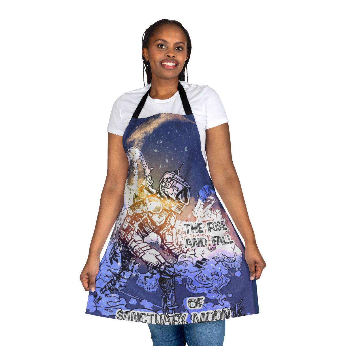 Sci-Fi inspired apron featuring Sanctuary Moon artwork from the Murderbot Diaries