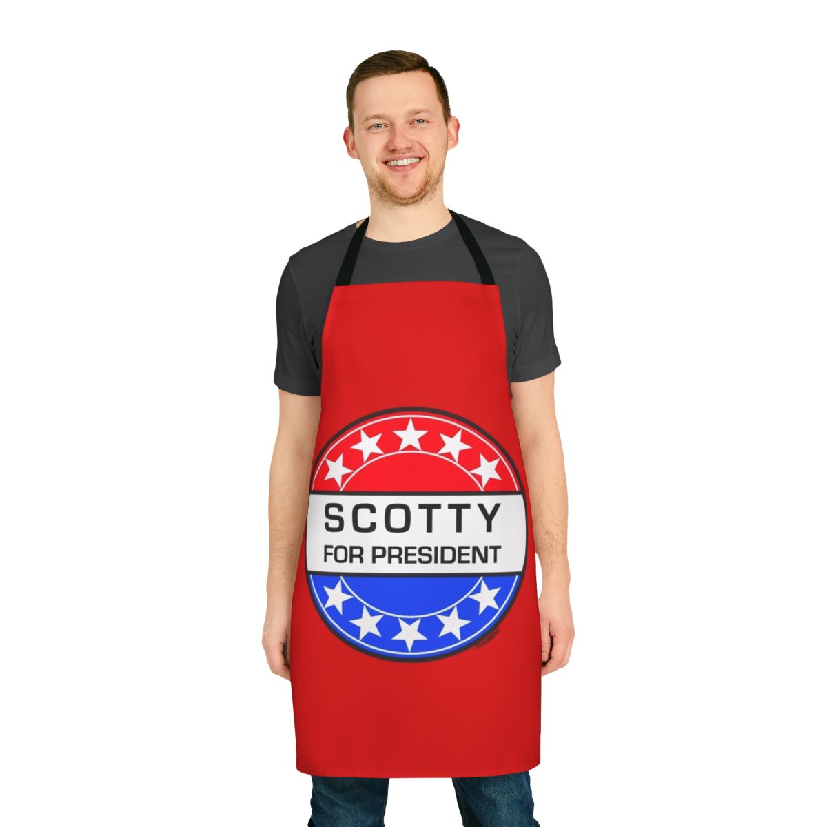 Sci-Fi inspired "Scotty For President" apron featuring retro Star Trek graphics