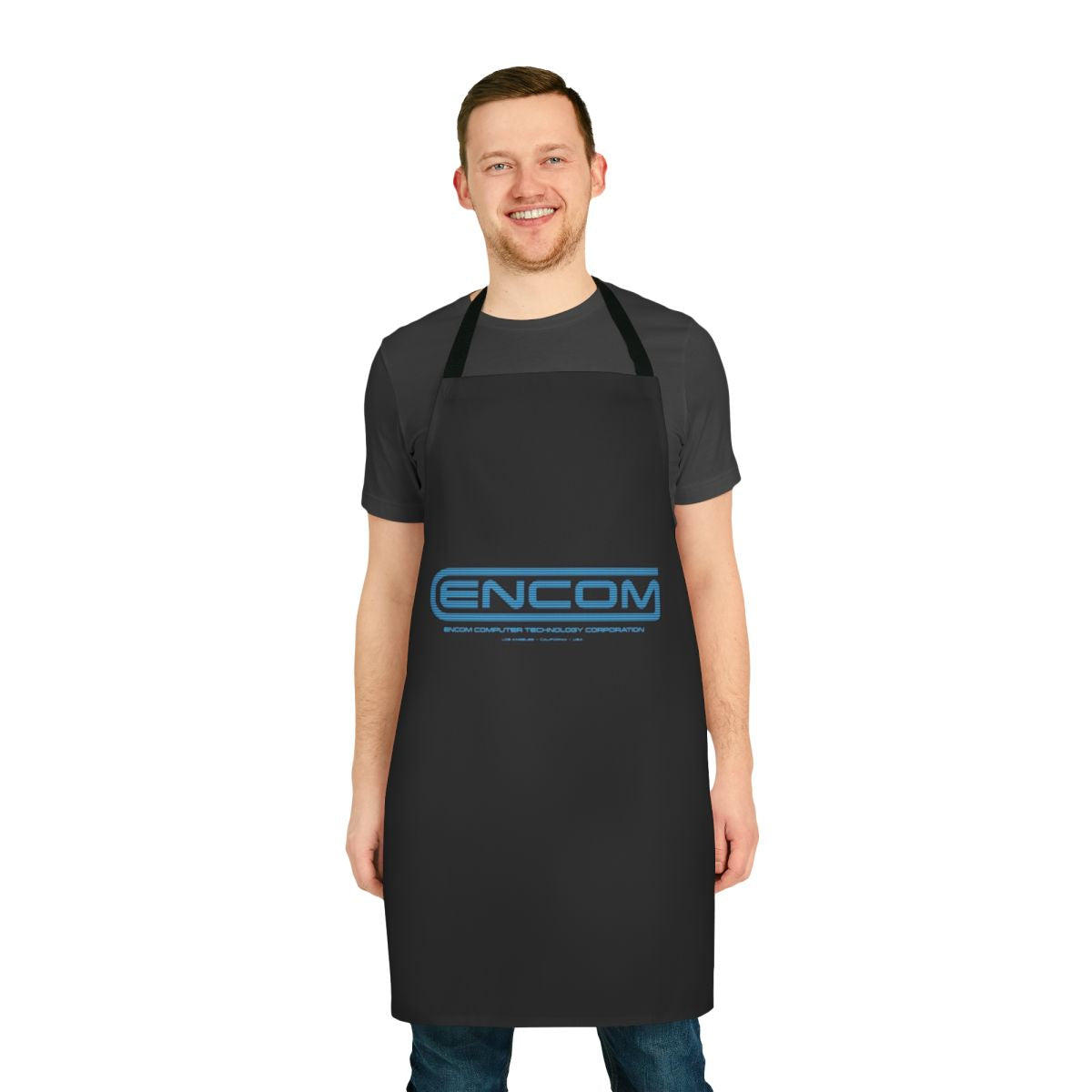 Tron-themed apron featuring the ENCOM logo and Flynn's Grid design