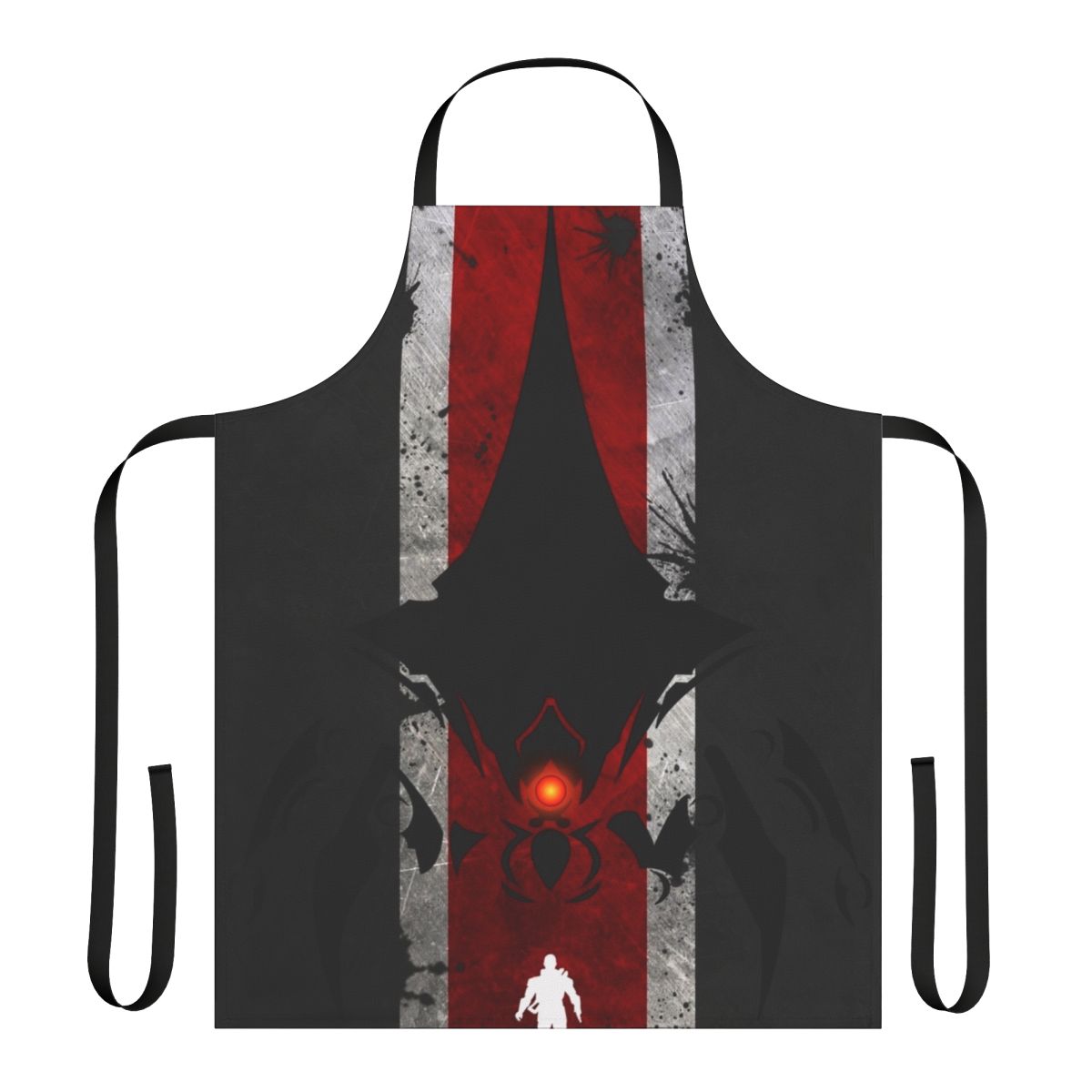 Unisex apron featuring a mass effect-inspired design with commander shepard, geth, quarians, and other elements from the sci-fi franchise.