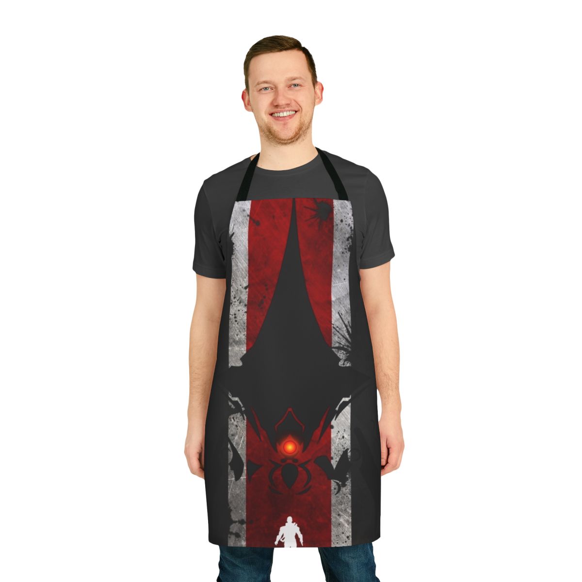 Unisex apron featuring a mass effect-inspired design with commander shepard, geth, quarians, and other elements from the sci-fi franchise.