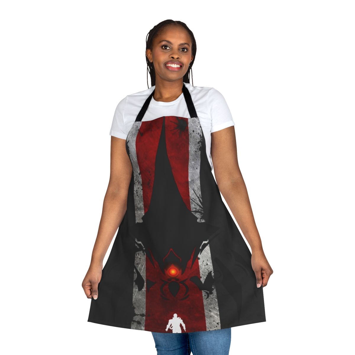 Unisex apron featuring a mass effect-inspired design with commander shepard, geth, quarians, and other elements from the sci-fi franchise.