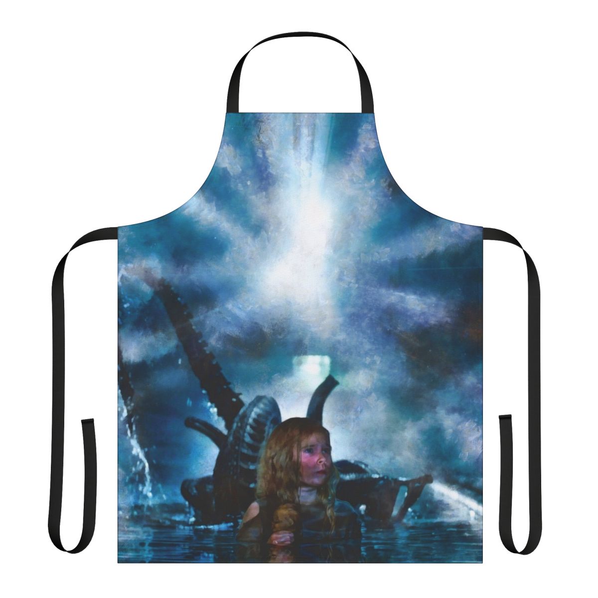 Person wearing an apron featuring a Newt character from the sci-fi movie Aliens