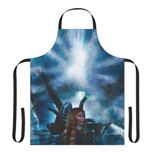 Person wearing an apron featuring a Newt character from the sci-fi movie Aliens