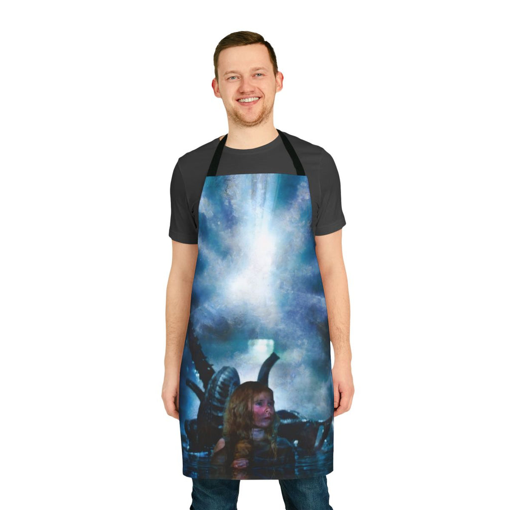 Person wearing an apron featuring a Newt character from the sci-fi movie Aliens