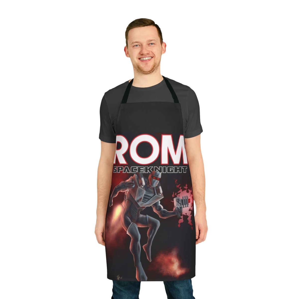A stylish and durable apron featuring a sci-fi robot design inspired by the Marvel Spaceknight character.