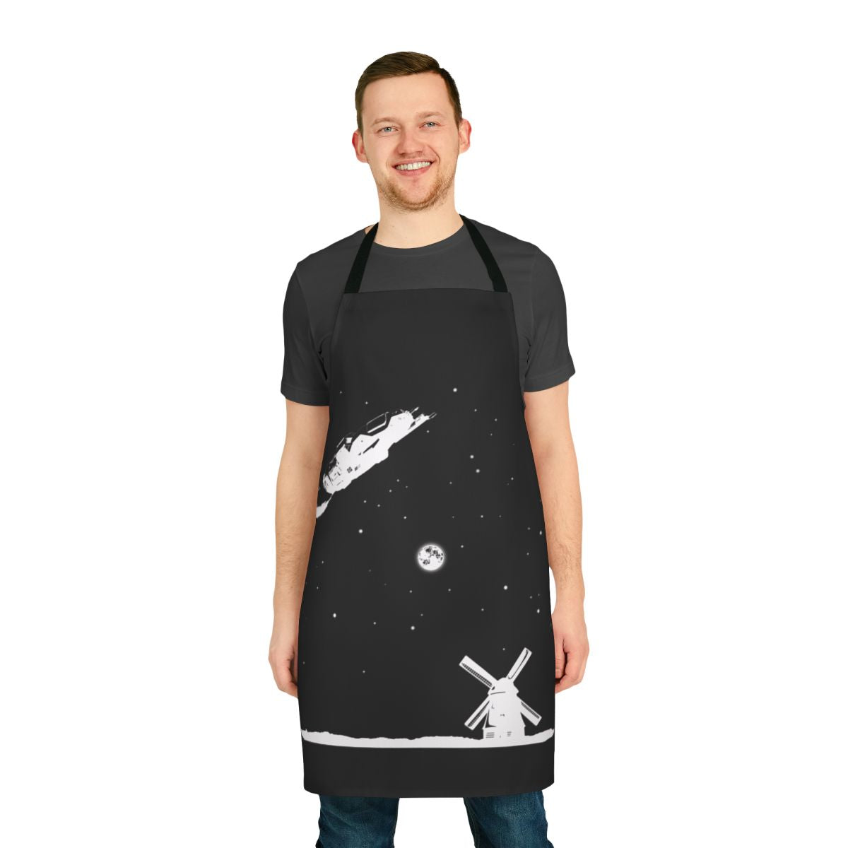 Rocinante spacecraft-themed apron with windmill design