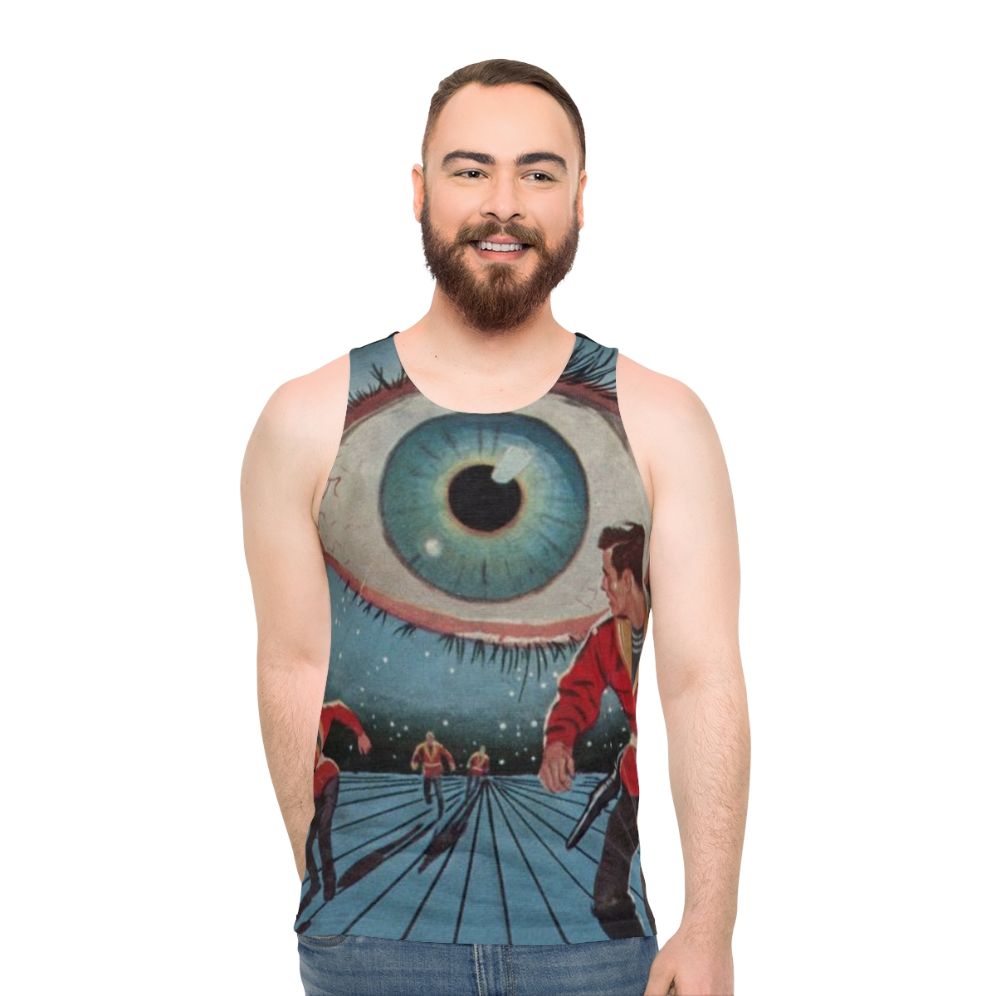 Unisex sci-fi tank top with Eye in the Sky Kindred Ubiquity design