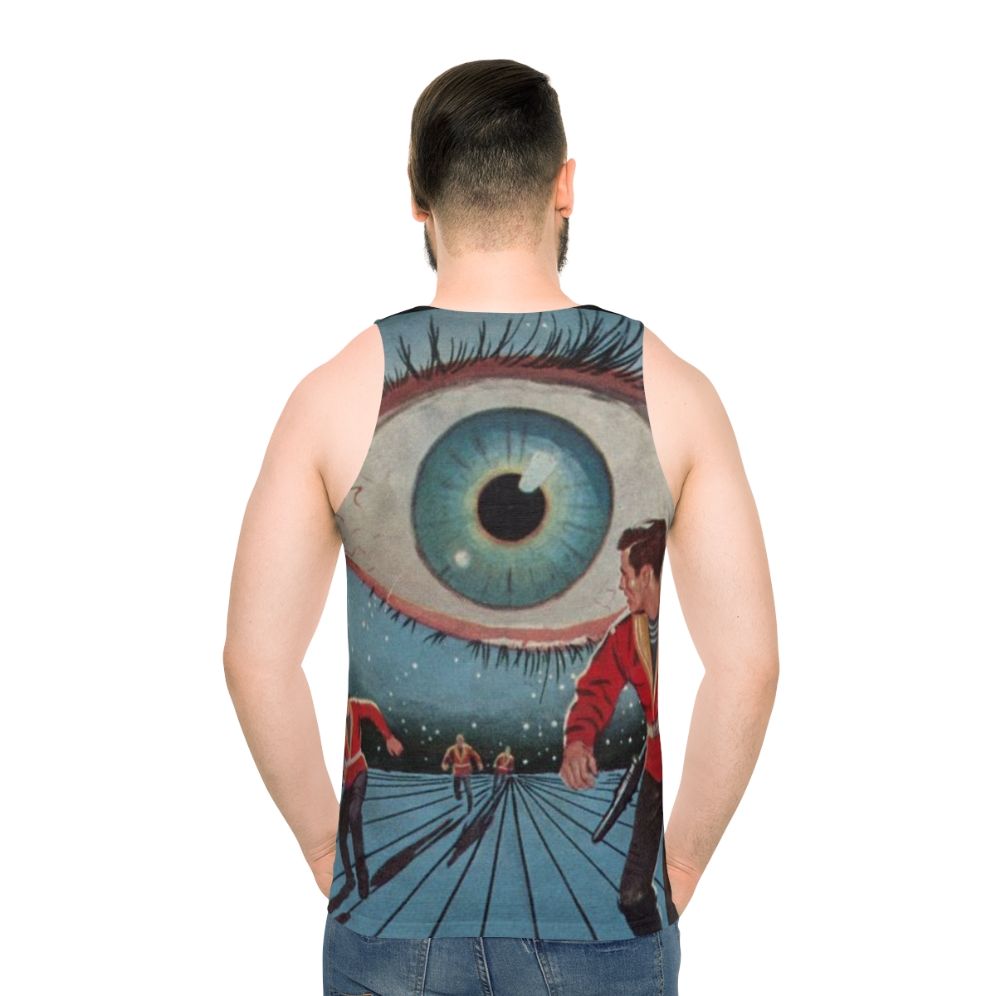Unisex sci-fi tank top with Eye in the Sky Kindred Ubiquity design