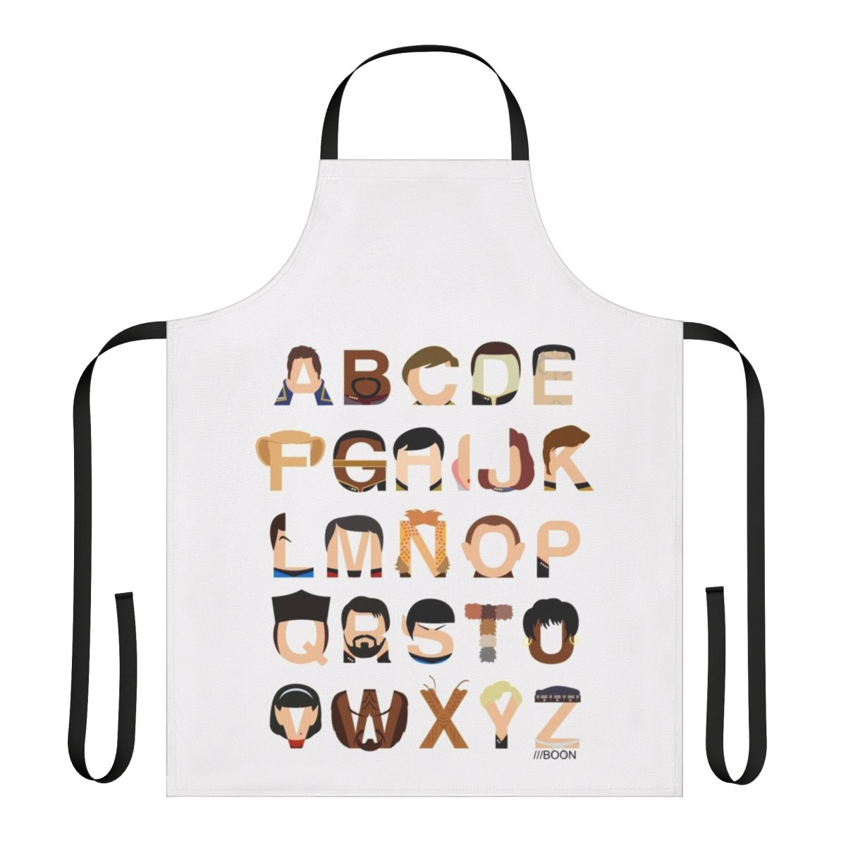 Star Trek-inspired alphabet kitchen apron with various Star Trek series references