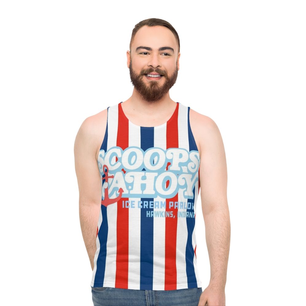 Scoops Ahoy 80s Unisex Tank Top with Stranger Things inspired graphics
