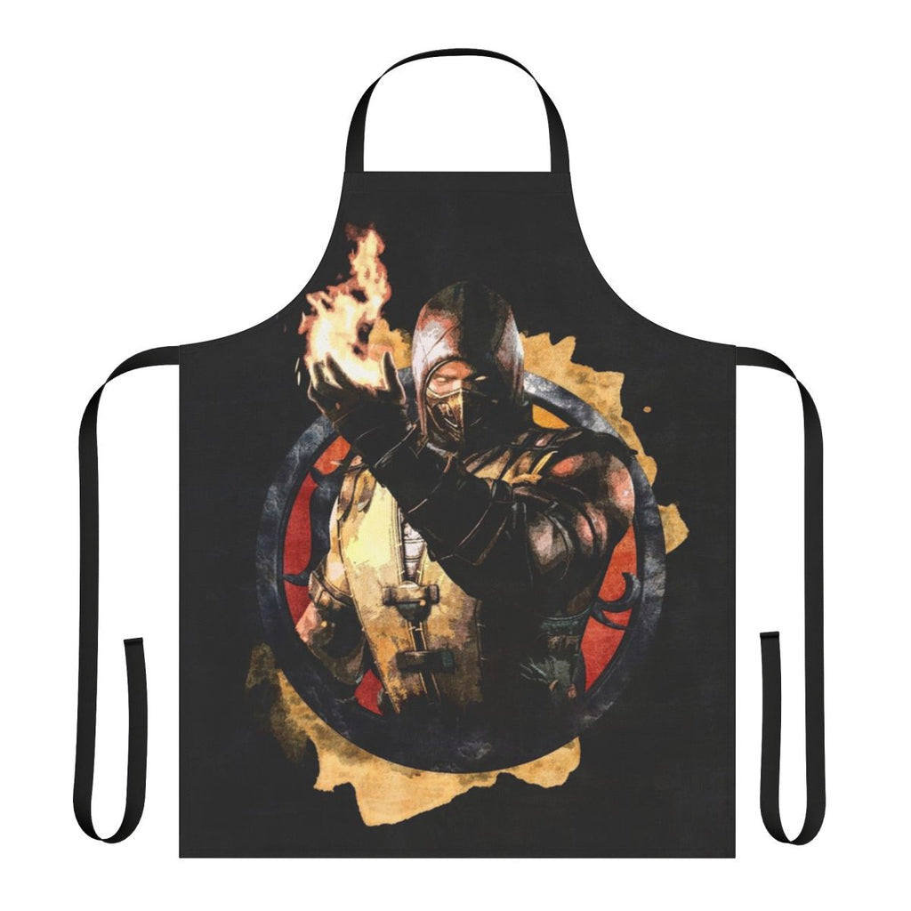 A stylish and durable apron featuring a grunge-style portrait of the Mortal Kombat character Scorpion.