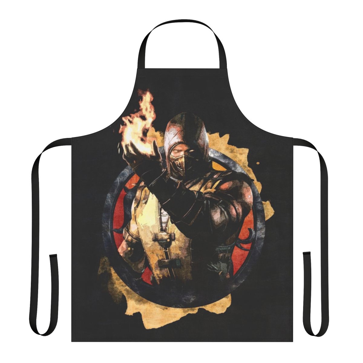 A stylish and durable apron featuring a grunge-style portrait of the Mortal Kombat character Scorpion.