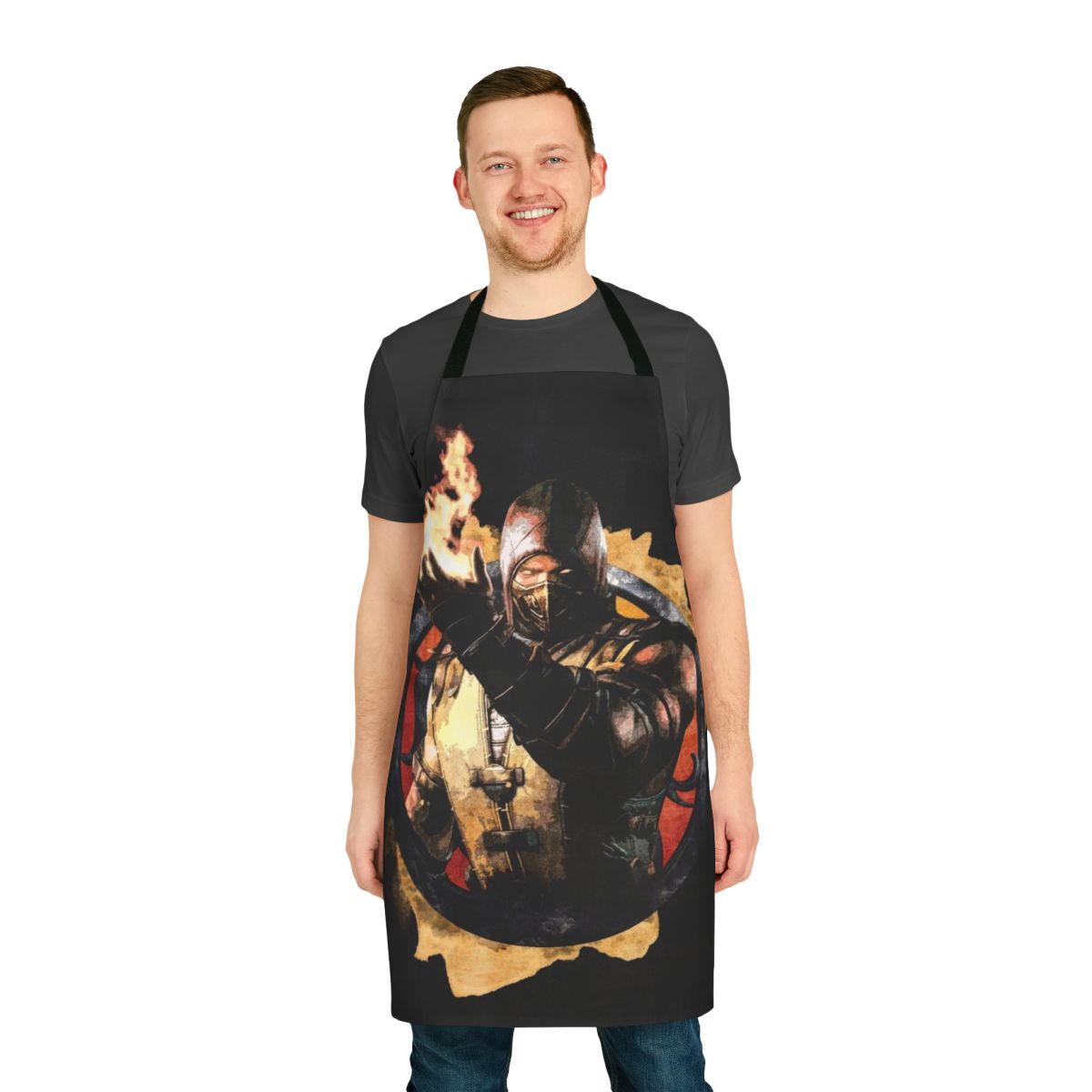 A stylish and durable apron featuring a grunge-style portrait of the Mortal Kombat character Scorpion.