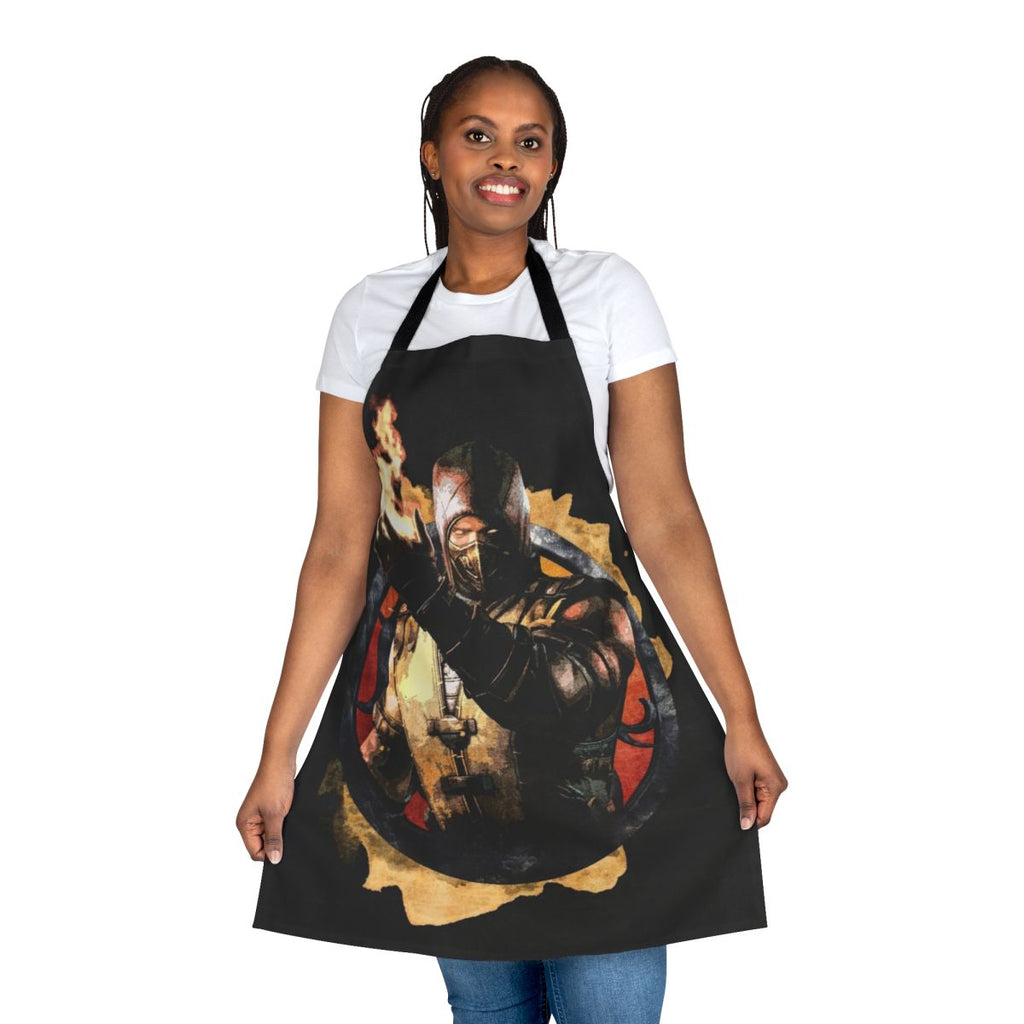 A stylish and durable apron featuring a grunge-style portrait of the Mortal Kombat character Scorpion.
