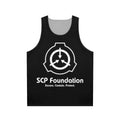 Unisex white tank top with SCP Foundation logo