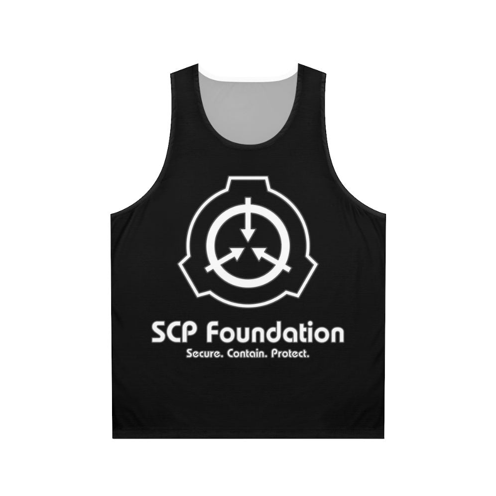 Unisex white tank top with SCP Foundation logo